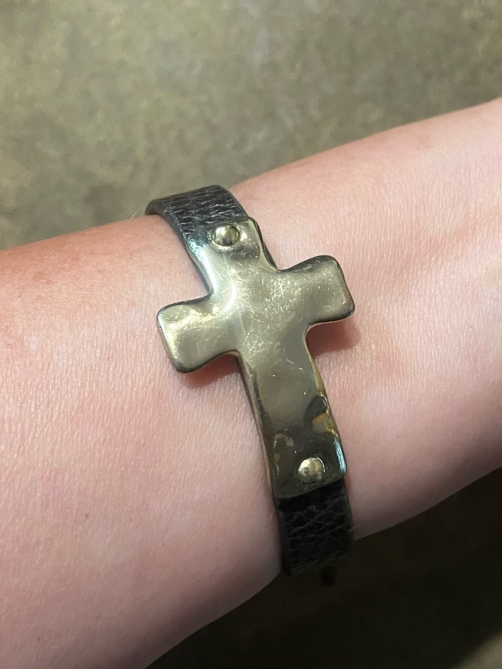 Cross Accent Leather Bracelet in Gold and Black